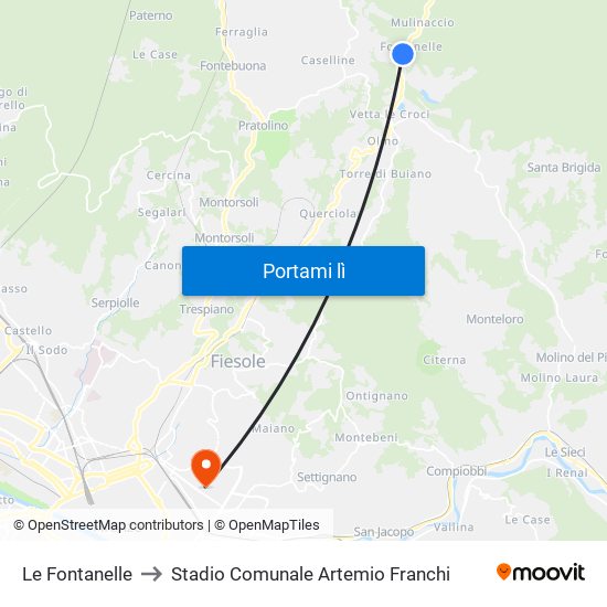 Le Fontanelle to Stadio Comunale Artemio Franchi map