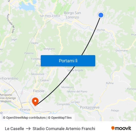 Le Caselle to Stadio Comunale Artemio Franchi map