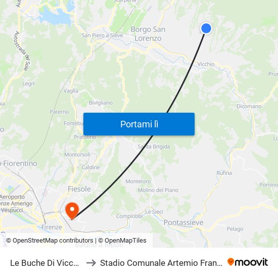 Le Buche Di Vicchio to Stadio Comunale Artemio Franchi map