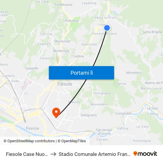 Fiesole Case Nuove to Stadio Comunale Artemio Franchi map