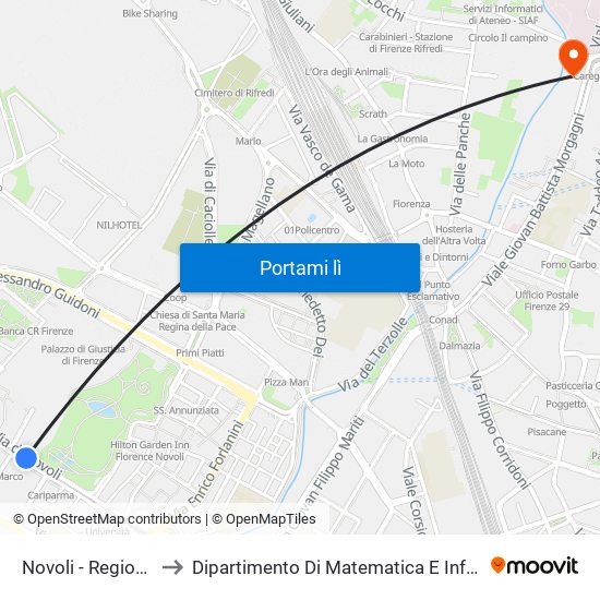 Novoli - Regione Toscana to Dipartimento Di Matematica E Informatica ""Ulisse Dini"" map