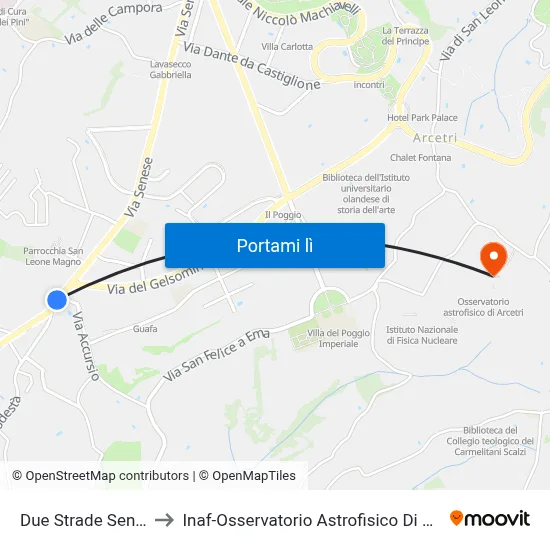 Due Strade Senese to Inaf-Osservatorio Astrofisico Di Arcetri map