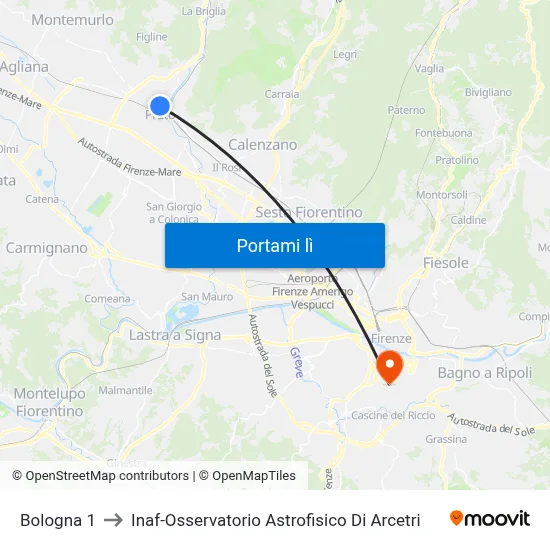 Bologna 1 to Inaf-Osservatorio Astrofisico Di Arcetri map