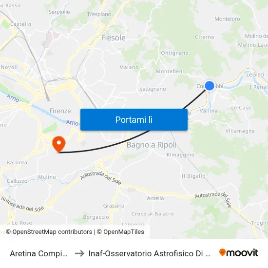 Aretina Compiobbi to Inaf-Osservatorio Astrofisico Di Arcetri map