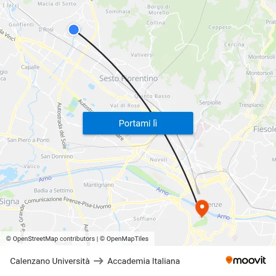 Calenzano Università to Accademia Italiana map