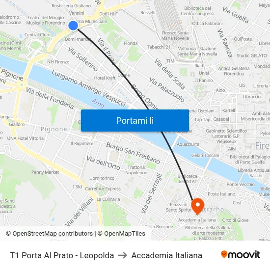 T1 Porta Al Prato - Leopolda to Accademia Italiana map