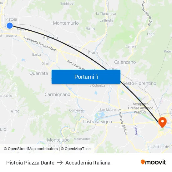 Pistoia Piazza Dante to Accademia Italiana map