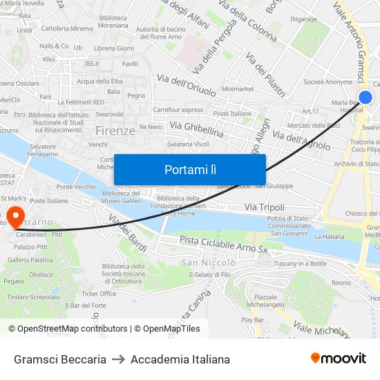 Gramsci Beccaria to Accademia Italiana map