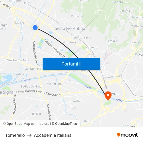 Tomerello to Accademia Italiana map