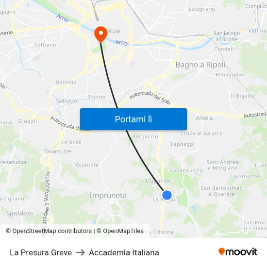 La Presura Greve to Accademia Italiana map