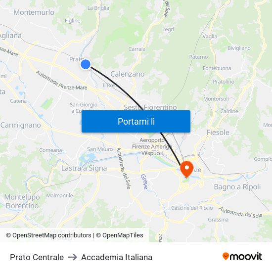 Prato Centrale to Accademia Italiana map