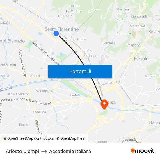 Ariosto Ciompi to Accademia Italiana map