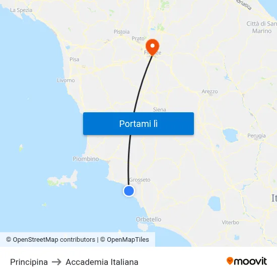 Principina to Accademia Italiana map