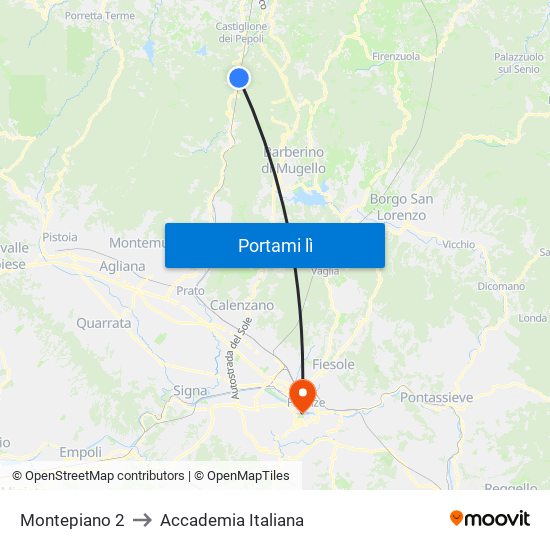 Montepiano 2 to Accademia Italiana map