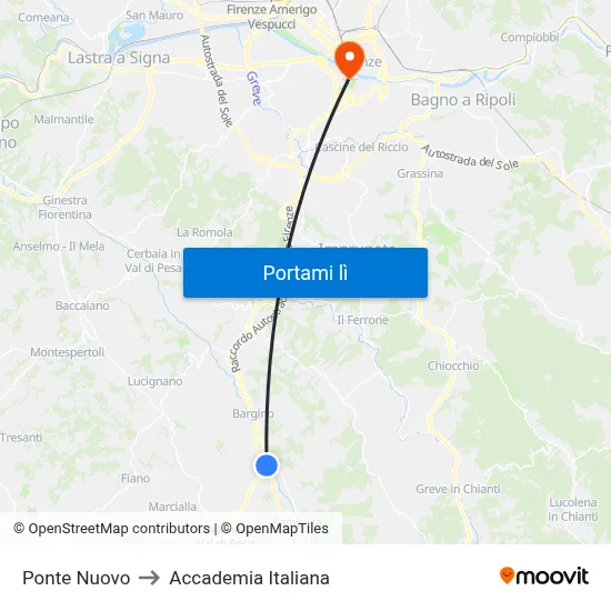 Ponte Nuovo to Accademia Italiana map