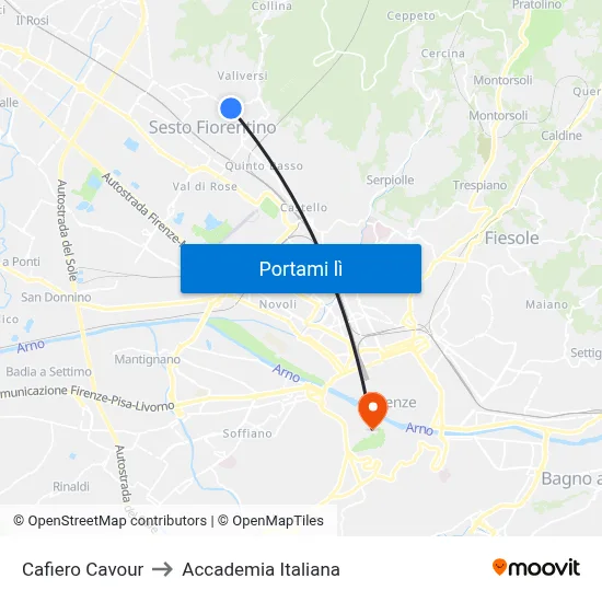 Cafiero Cavour to Accademia Italiana map