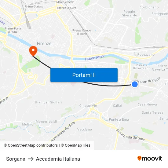 Sorgane to Accademia Italiana map