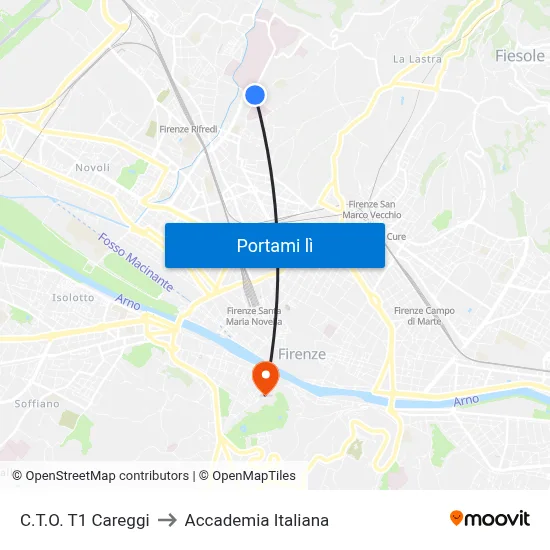 C.T.O. T1 Careggi to Accademia Italiana map