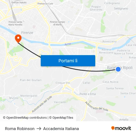 Roma Robinson to Accademia Italiana map