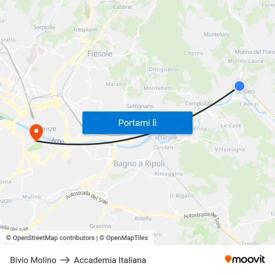 Bivio Molino to Accademia Italiana map