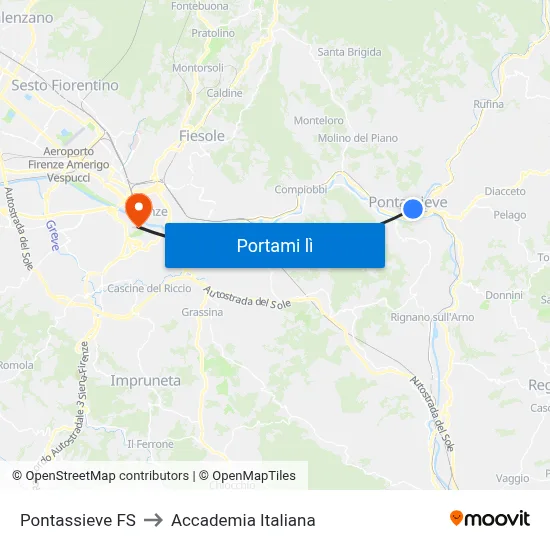 Pontassieve FS to Accademia Italiana map