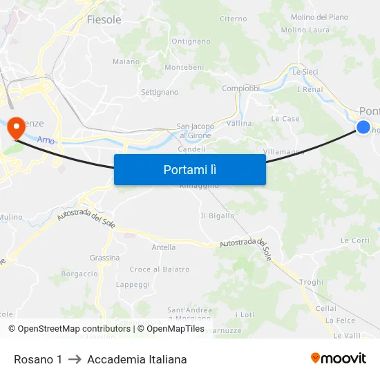 Rosano 1 to Accademia Italiana map