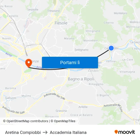 Aretina Compiobbi to Accademia Italiana map