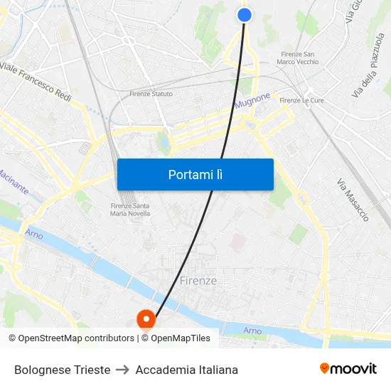 Bolognese Trieste to Accademia Italiana map