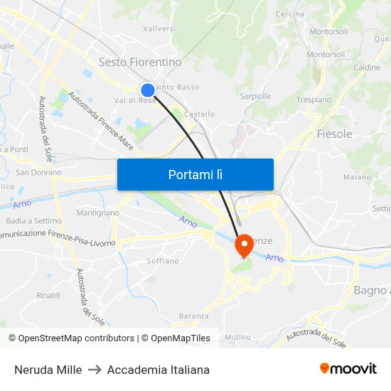Neruda Mille to Accademia Italiana map