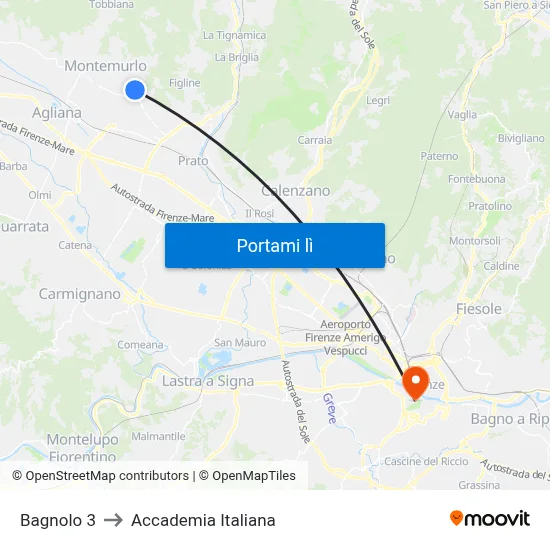Bagnolo 3 to Accademia Italiana map