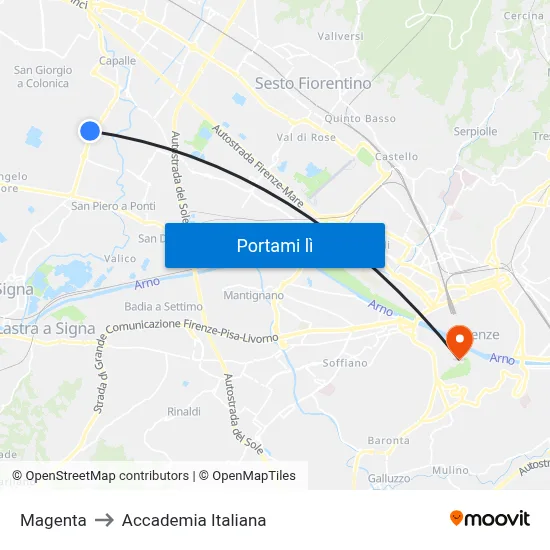 Magenta to Accademia Italiana map