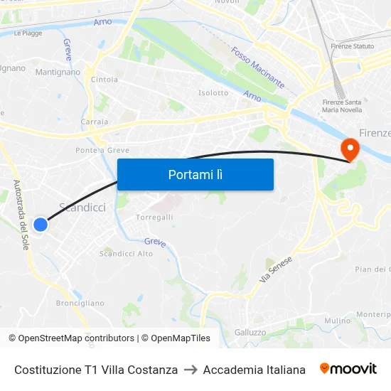Costituzione T1 Villa Costanza to Accademia Italiana map
