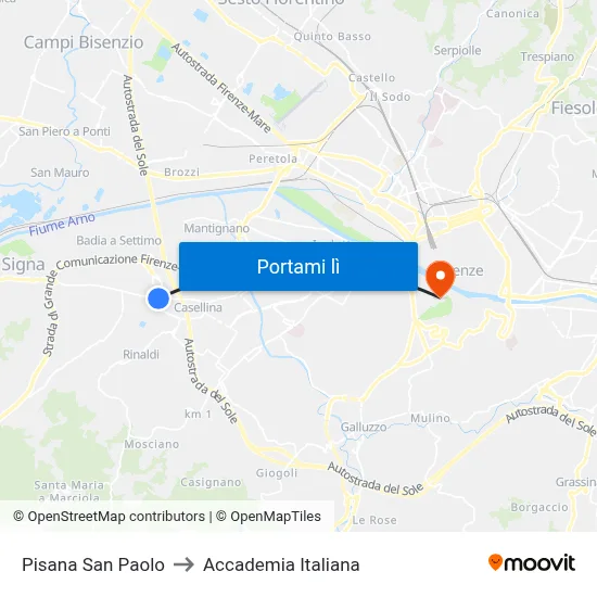 Pisana San Paolo to Accademia Italiana map