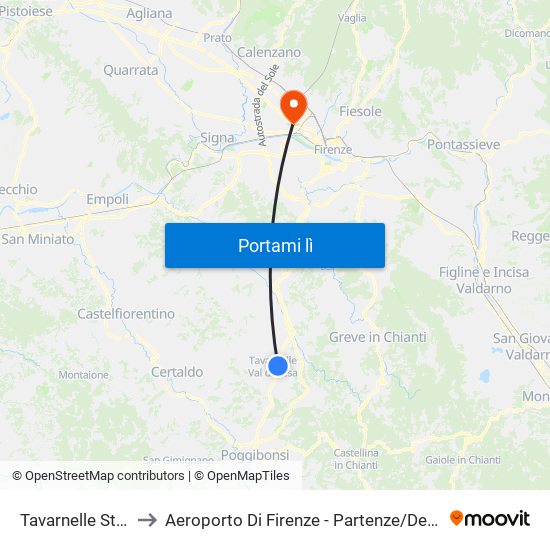 Tavarnelle Stadio to Aeroporto Di Firenze - Partenze / Departures map