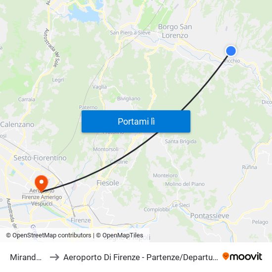 Mirandola to Aeroporto Di Firenze - Partenze / Departures map