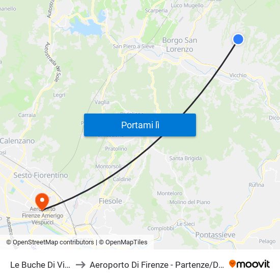 Le Buche Di Vicchio to Aeroporto Di Firenze - Partenze / Departures map