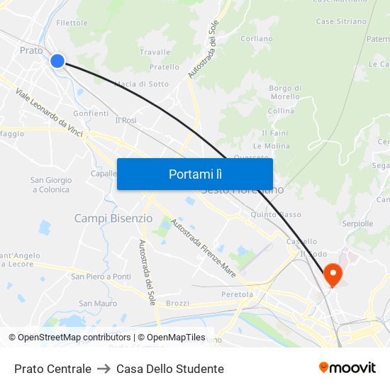 Prato Centrale to Casa Dello Studente map