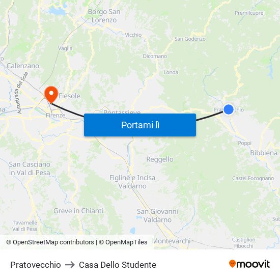 Pratovecchio to Casa Dello Studente map