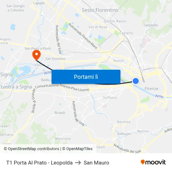 T1 Porta Al Prato - Leopolda to San Mauro map