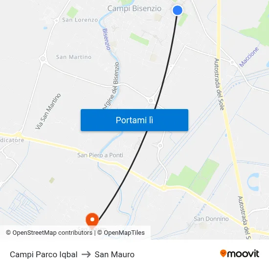 Campi Parco Iqbal to San Mauro map