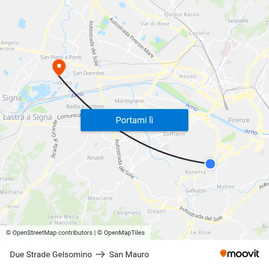 Due Strade Gelsomino to San Mauro map