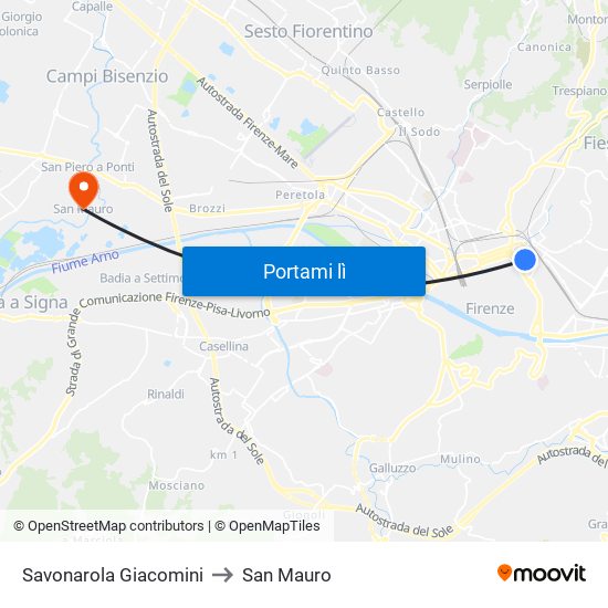 Savonarola Giacomini to San Mauro map