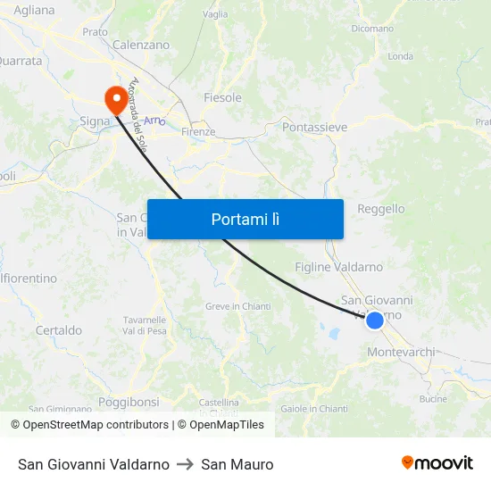 San Giovanni Valdarno to San Mauro map
