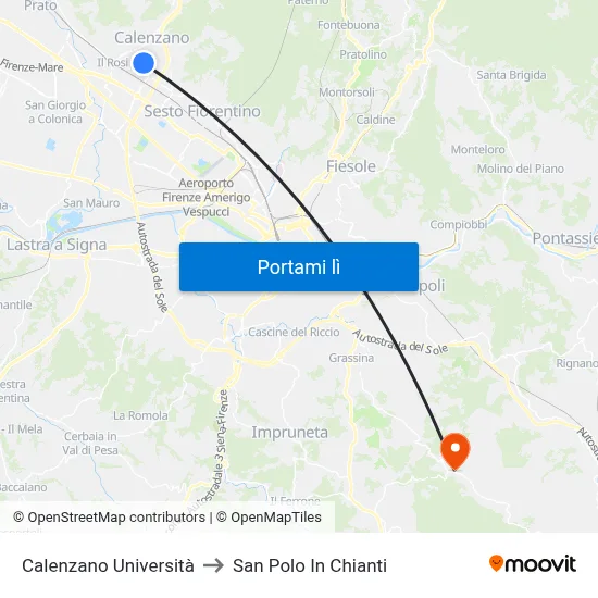 Calenzano Università to San Polo In Chianti map