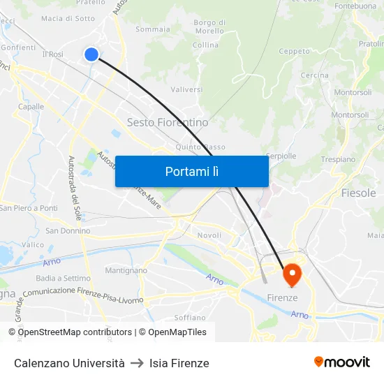 Calenzano Università to Isia Firenze map