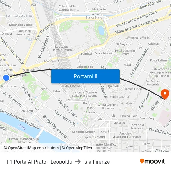 T1 Porta Al Prato - Leopolda to Isia Firenze map