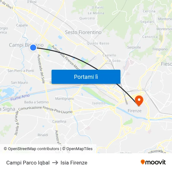 Campi Parco Iqbal to Isia Firenze map