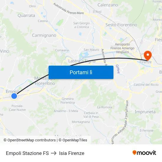 Empoli Stazione FS to Isia Firenze map