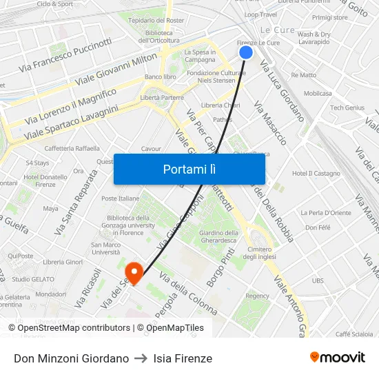 Don Minzoni Giordano to Isia Firenze map