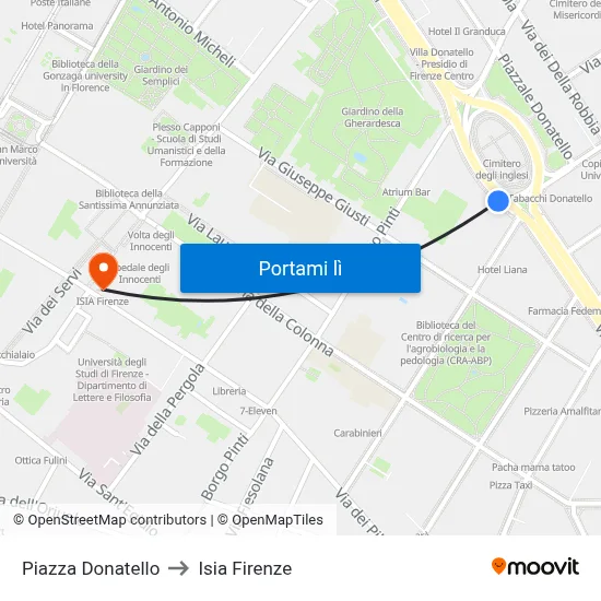 Piazza Donatello to Isia Firenze map